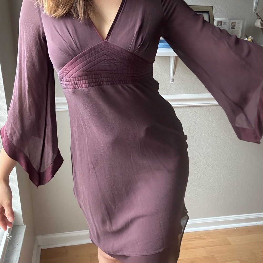 100% Silk Lined Plum Bell Sleeve Dress